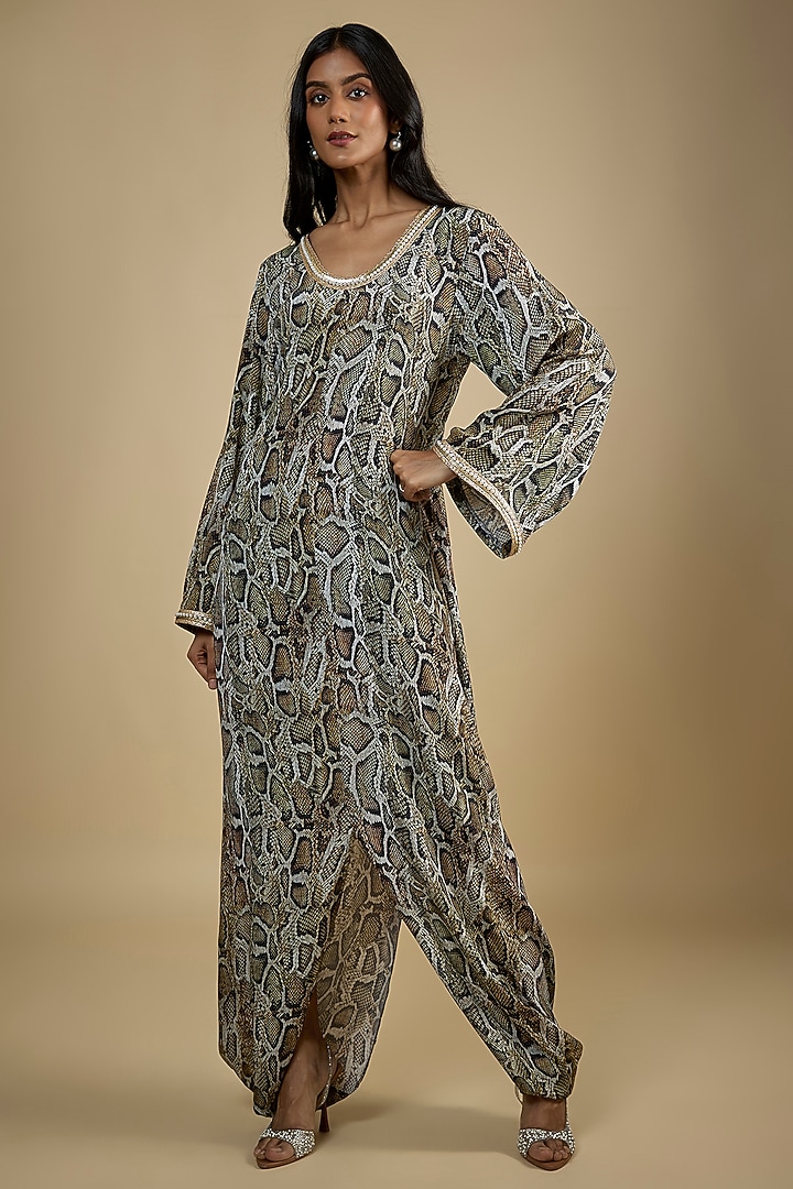 Multi-Colored Crepe Digital Snake Printed Kaftan Vacation Dress by Nadima Saqib at Pernia's Pop Up Shop