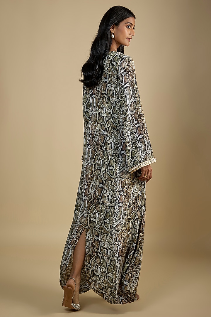 Multi-Colored Crepe Digital Snake Printed Kaftan Vacation Dress by Nadima Saqib at Pernia's Pop Up Shop