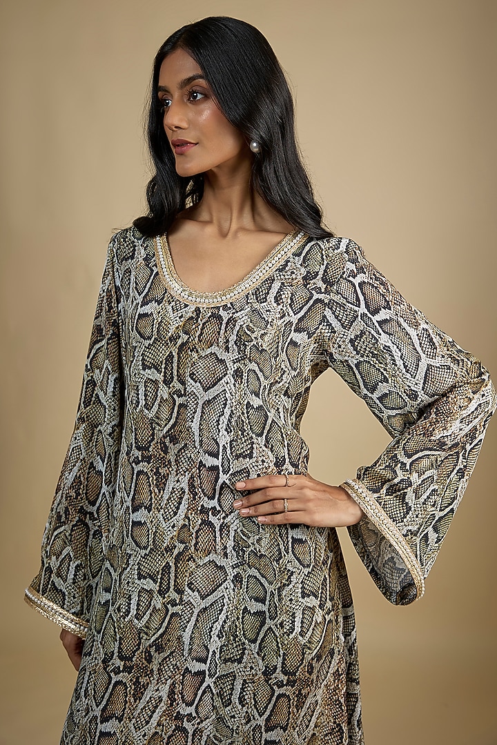 Multi-Colored Crepe Digital Snake Printed Kaftan Vacation Dress by Nadima Saqib at Pernia's Pop Up Shop