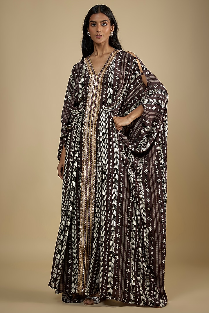 Brown Crepe Digital Printed Kaftan Vacation Dress by Nadima Saqib at Pernia's Pop Up Shop