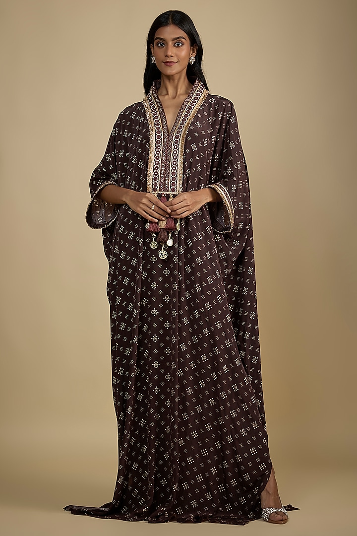 Brown Crepe Digital Printed Kaftan Vacation Dress by Nadima Saqib at Pernia's Pop Up Shop