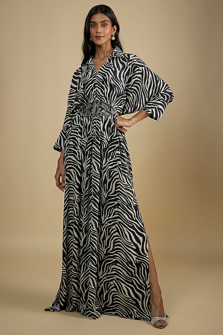 Black & White Crepe Zebra Printed Kaftan Summer Dress by Nadima Saqib at Pernia's Pop Up Shop