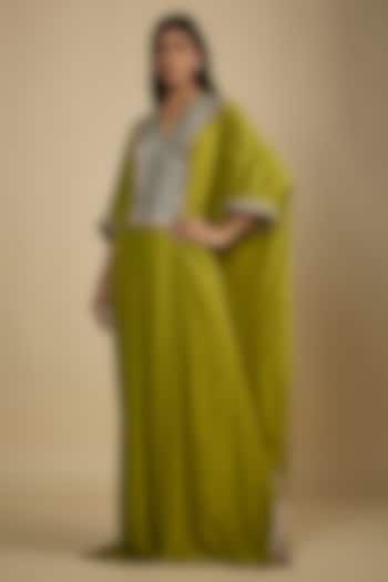 Green Crepe Digital Printed Kaftan Vacation Dress by Nadima Saqib at Pernia's Pop Up Shop