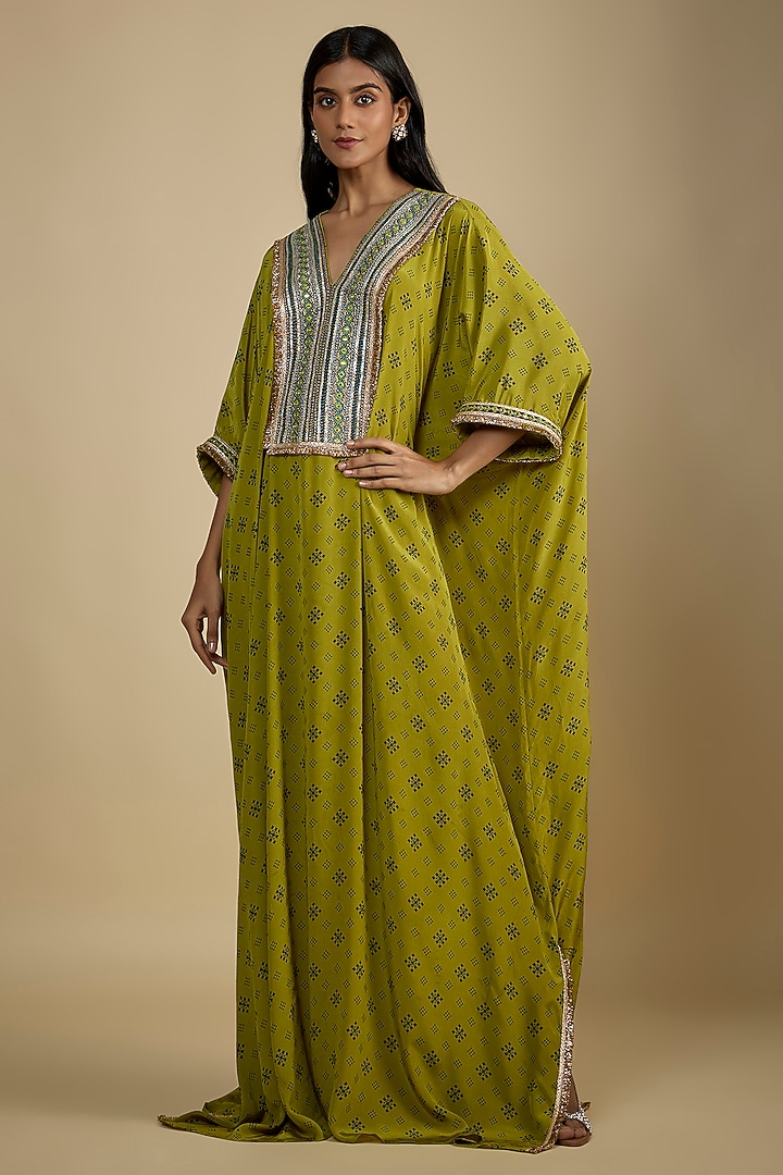 Green Crepe Digital Printed Kaftan Vacation Dress by Nadima Saqib at Pernia's Pop Up Shop