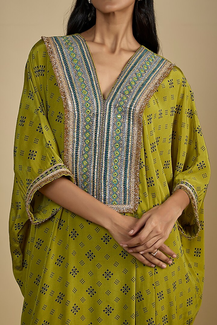 Green Crepe Digital Printed Kaftan Vacation Dress by Nadima Saqib at Pernia's Pop Up Shop