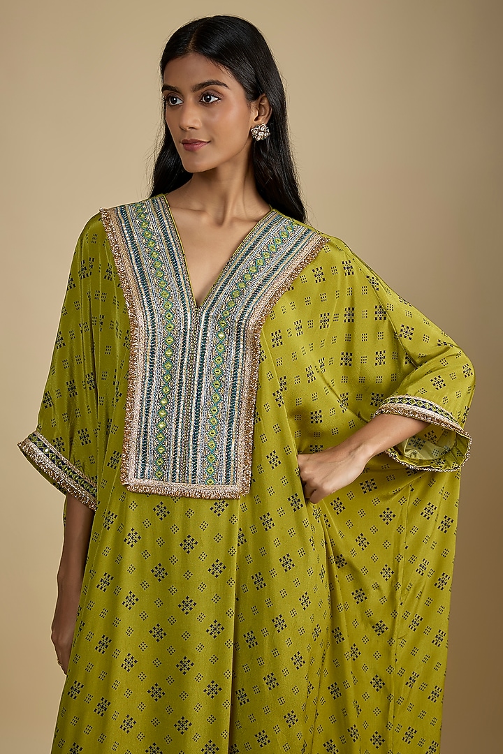 Green Crepe Digital Printed Kaftan Vacation Dress by Nadima Saqib at Pernia's Pop Up Shop
