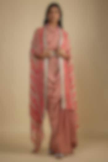 Red Crepe Digital Printed Maxi Cocktail Dress With Cape by Nadima Saqib at Pernia's Pop Up Shop