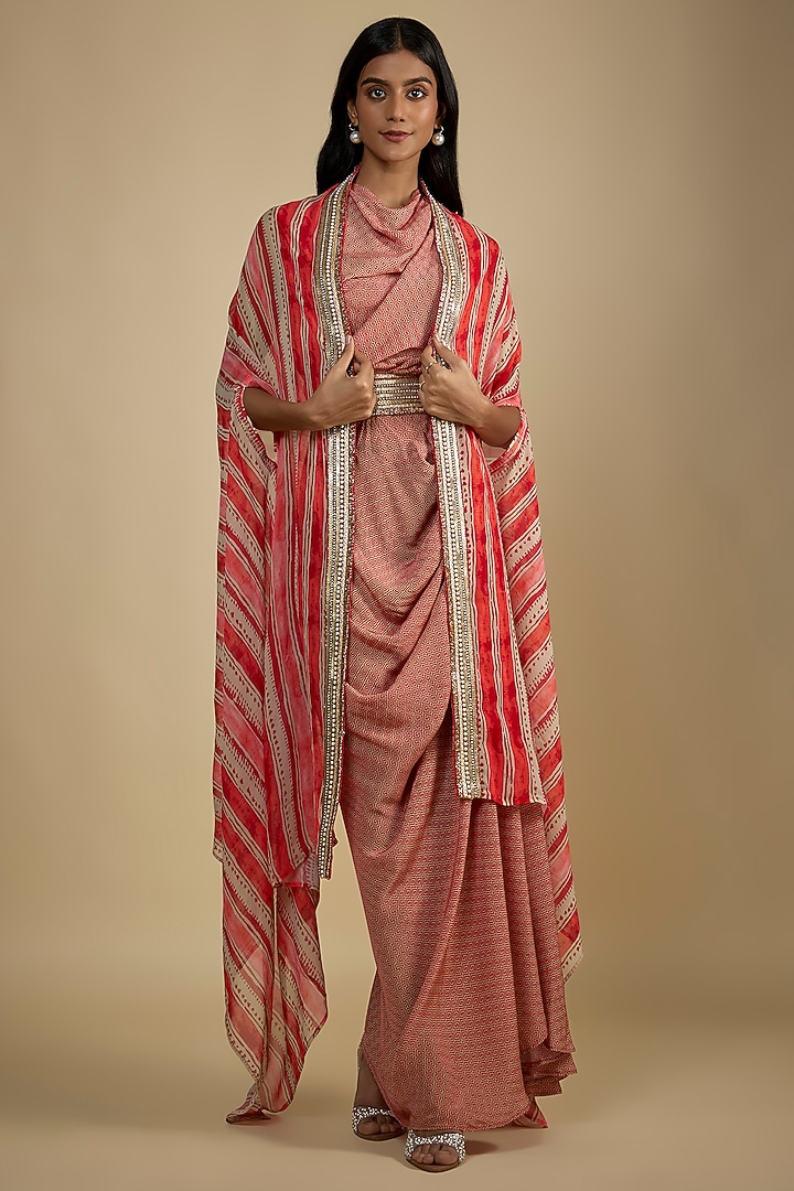 Red Crepe Digital Printed Maxi Cocktail Dress With Cape by Nadima Saqib at Pernia's Pop Up Shop