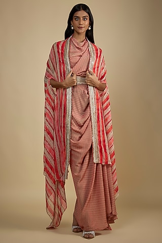Red Crepe Digital Printed Maxi Dress With Cape by Nadima Saqib