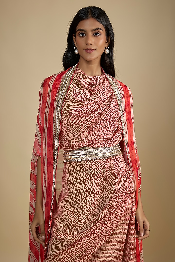 Red Crepe Digital Printed Maxi Cocktail Dress With Cape by Nadima Saqib at Pernia's Pop Up Shop