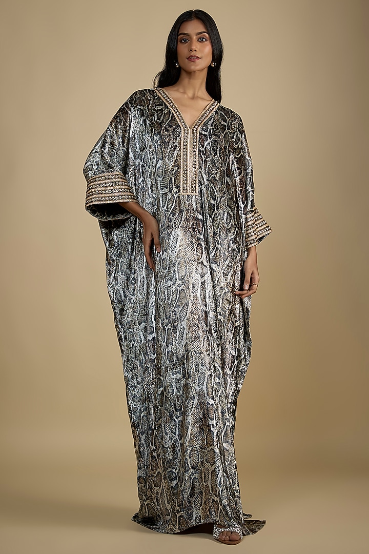 Multi-Colored Velvet Digital Snake Printed Kaftan Vacation Dress by Nadima Saqib at Pernia's Pop Up Shop