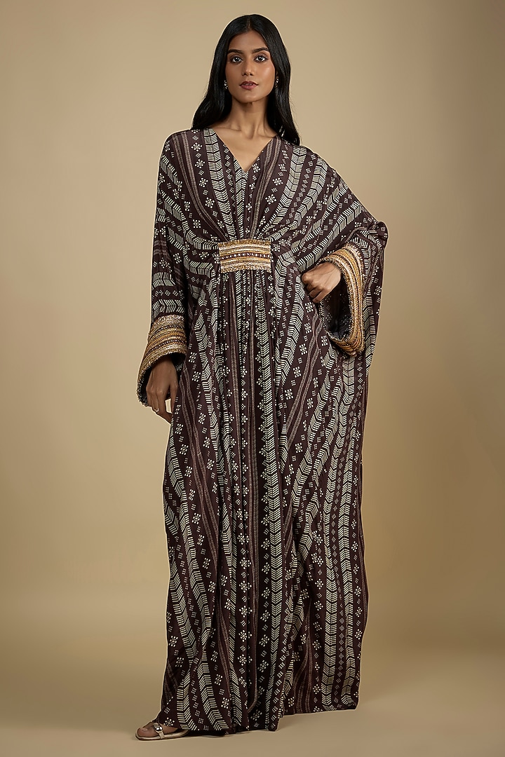 Brown Crepe Digital Printed Kaftan Vacation Dress by Nadima Saqib at Pernia's Pop Up Shop