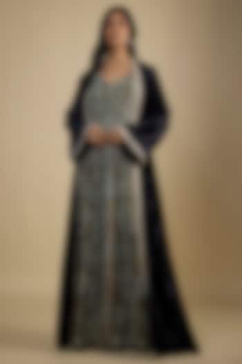 Black Georgette Digital Snake Printed Maxi Cocktail Dress With Cape by Nadima Saqib at Pernia's Pop Up Shop