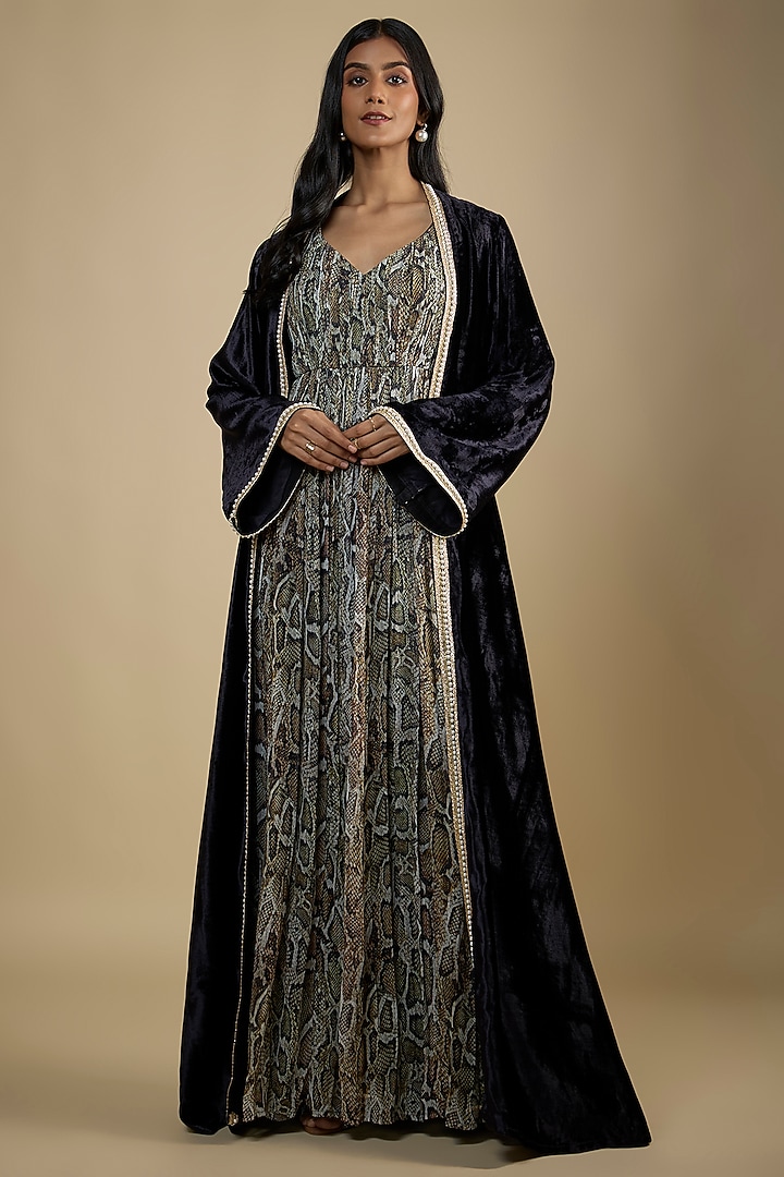 Black Georgette Digital Snake Printed Maxi Cocktail Dress With Cape by Nadima Saqib at Pernia's Pop Up Shop