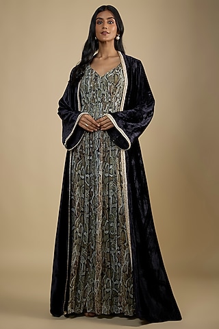Black Georgette Digital Snake Printed Maxi Dress With Cape by Nadima Saqib