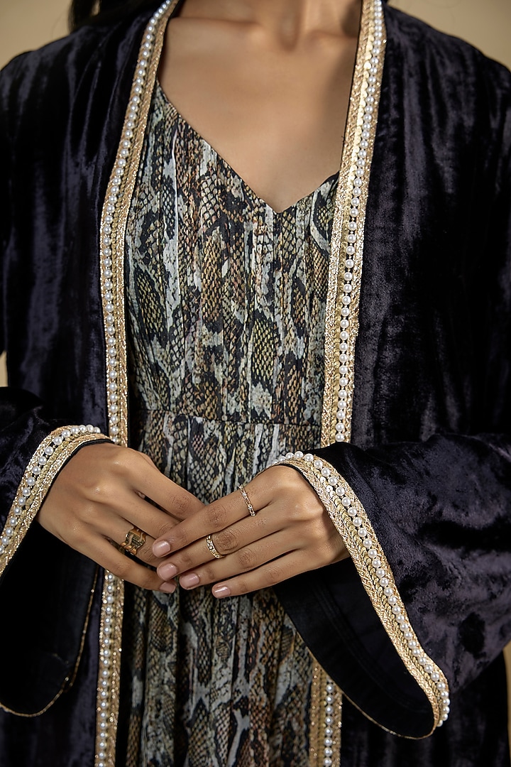 Black Georgette Digital Snake Printed Maxi Cocktail Dress With Cape by Nadima Saqib at Pernia's Pop Up Shop