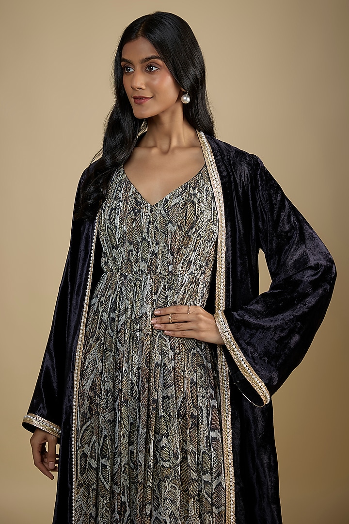 Black Georgette Digital Snake Printed Maxi Cocktail Dress With Cape by Nadima Saqib at Pernia's Pop Up Shop