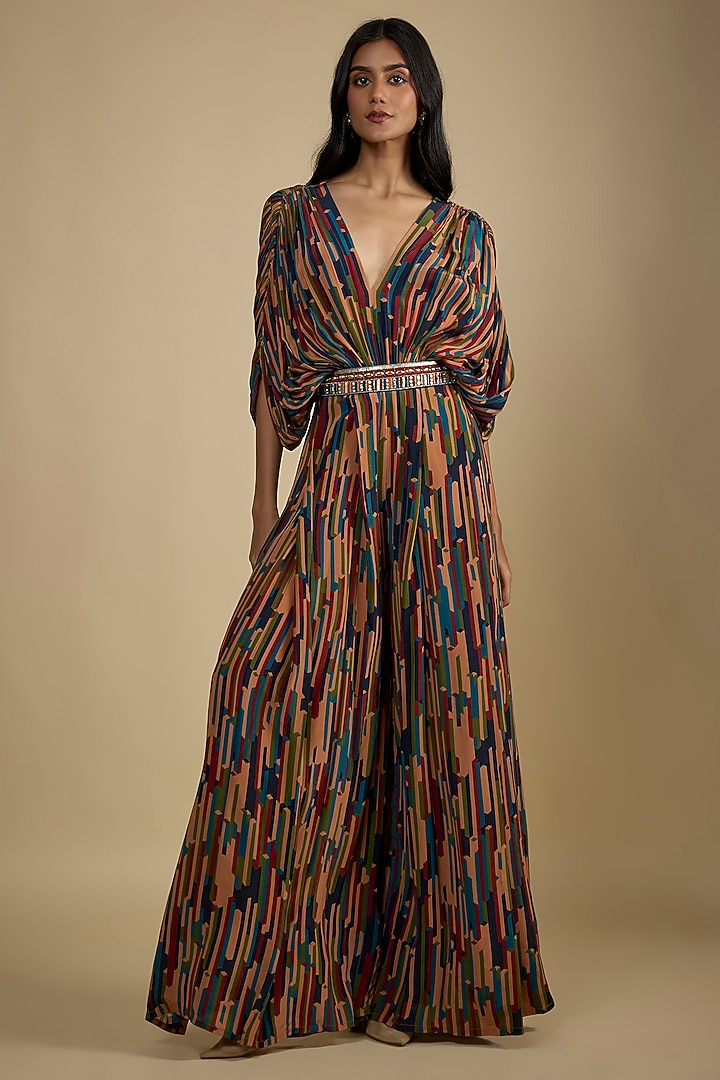 Multi-Colored Crepe Digital Printed Jumpsuit With Belt by Nadima Saqib at Pernia's Pop Up Shop