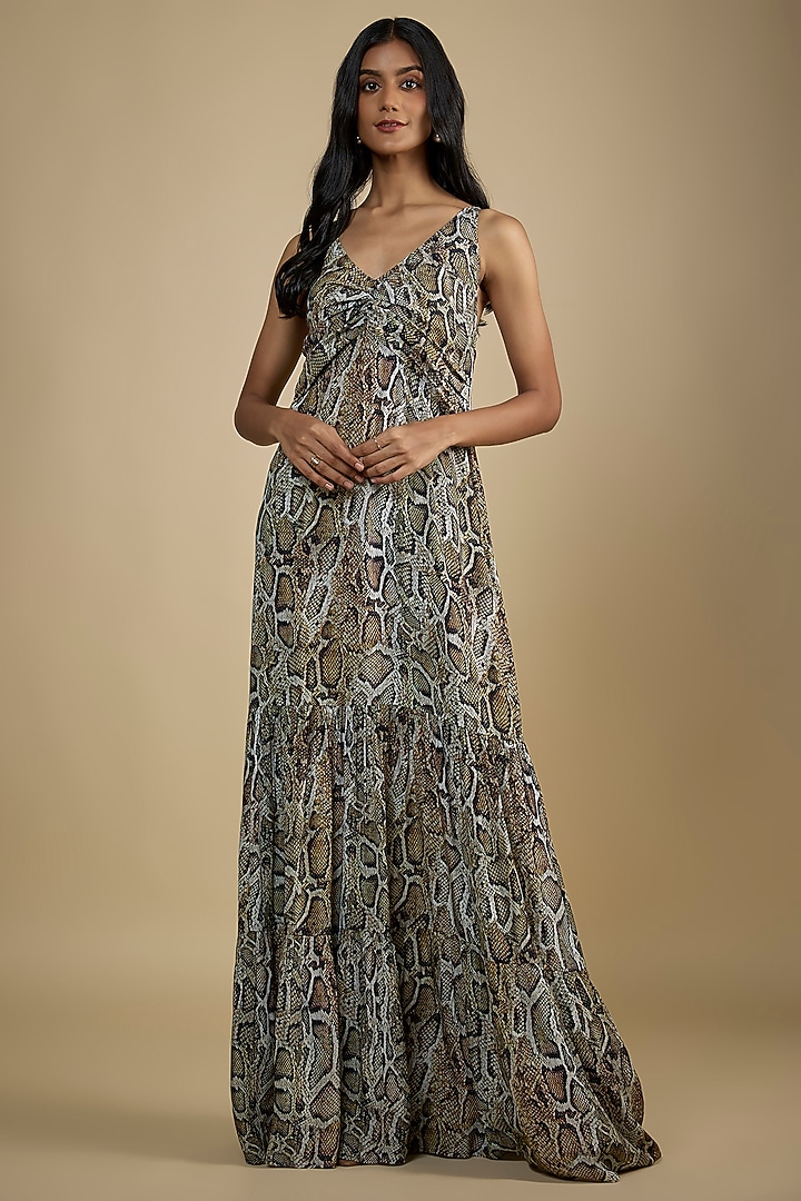 Black Crepe Digital Snake Printed Maxi Summer Dress by Nadima Saqib at Pernia's Pop Up Shop