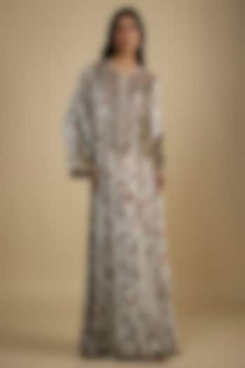Beige Velvet Digital Printed Kaftan Vacation Dress by Nadima Saqib at Pernia's Pop Up Shop