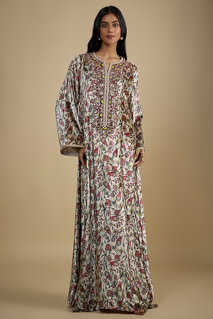 Beige Velvet Digital Printed Kaftan Vacation Dress by Nadima Saqib at Pernia's Pop Up Shop