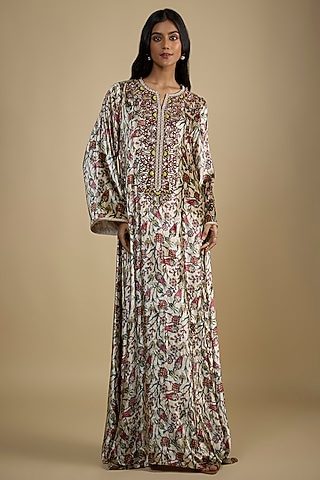 Beige Velvet Digital Printed Kaftan Dress by Nadima Saqib