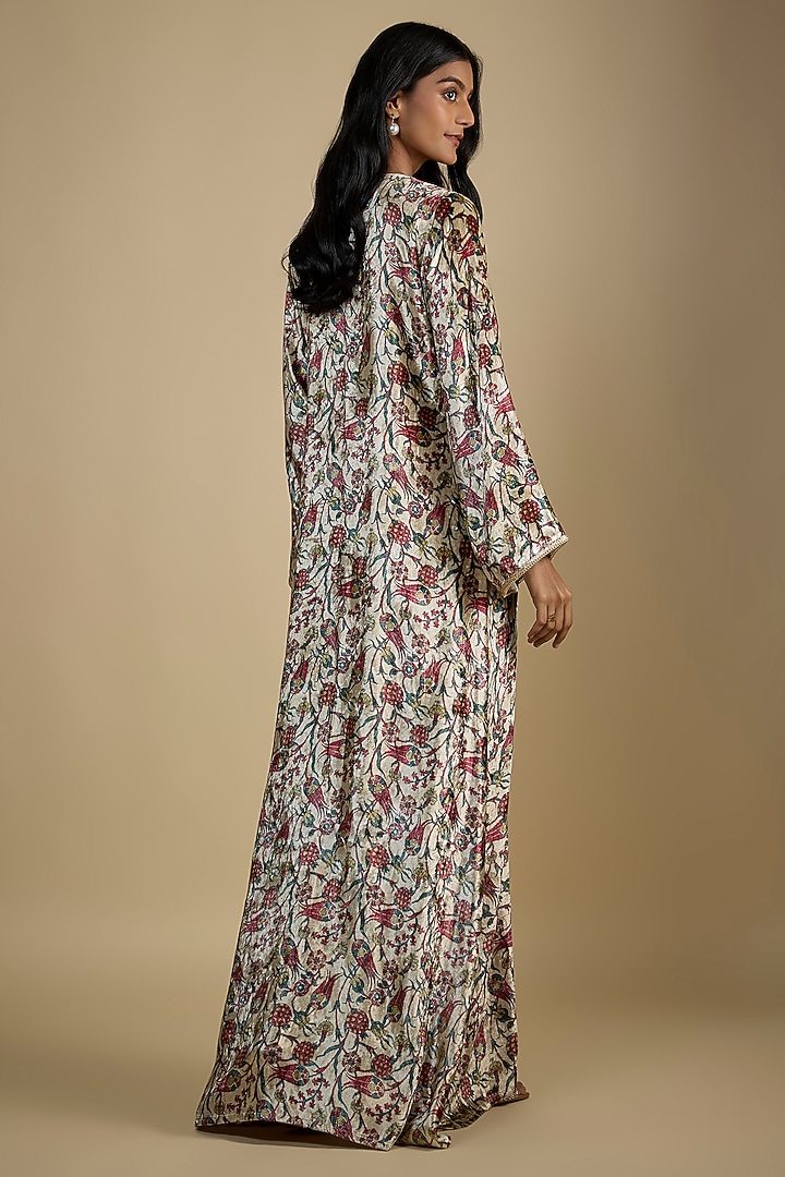 Beige Velvet Digital Printed Kaftan Vacation Dress by Nadima Saqib at Pernia's Pop Up Shop