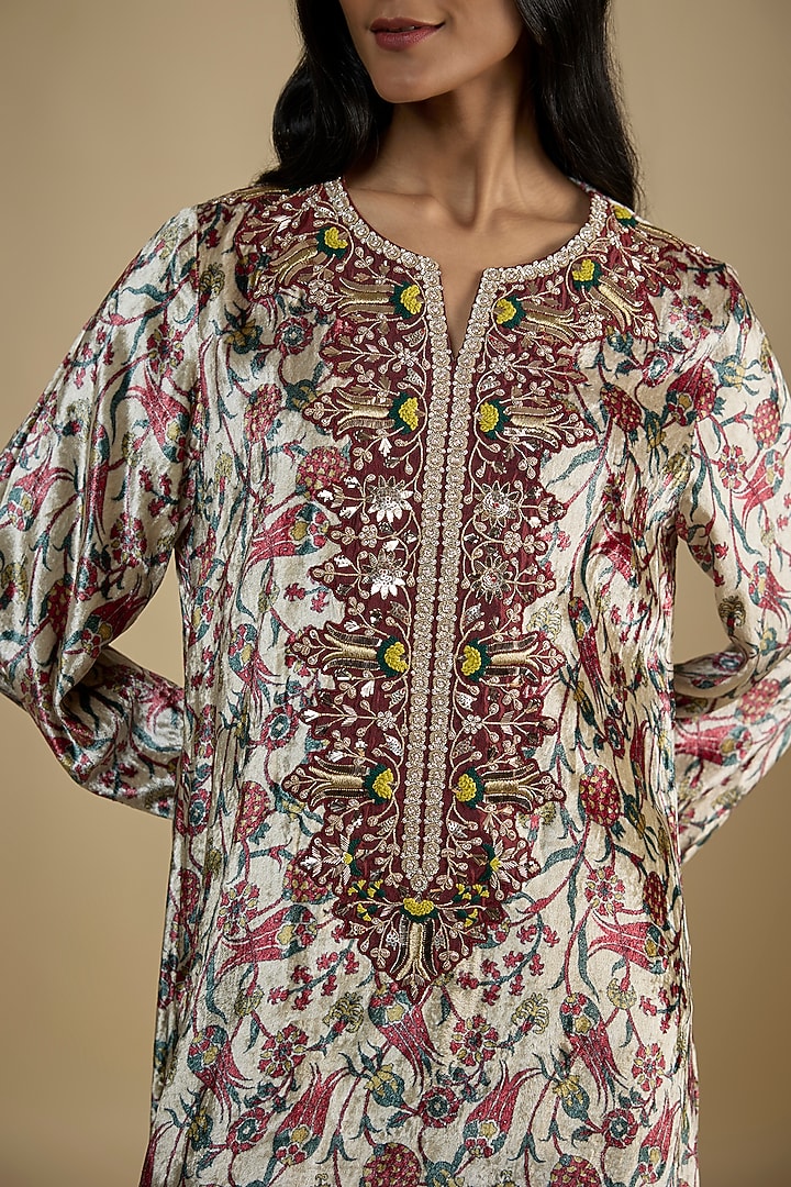 Beige Velvet Digital Printed Kaftan Vacation Dress by Nadima Saqib at Pernia's Pop Up Shop