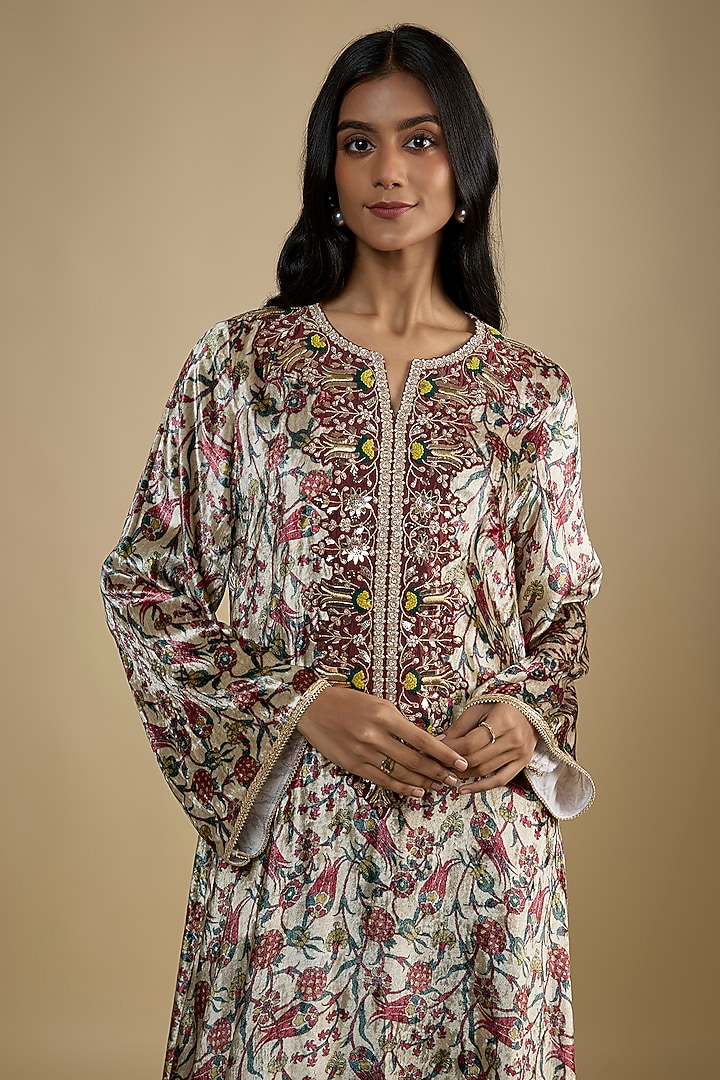Beige Velvet Digital Printed Kaftan Vacation Dress by Nadima Saqib at Pernia's Pop Up Shop