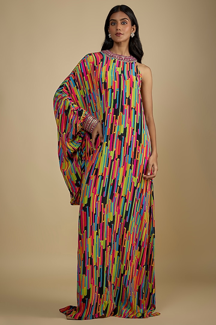Multi-Colored Crepe Digital Printed One-Shoulder Vacation Dress by Nadima Saqib at Pernia's Pop Up Shop