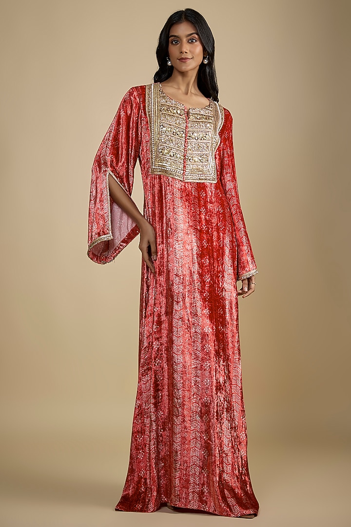 Red Velvet Digital Printed Kaftan Vacation Dress by Nadima Saqib at Pernia's Pop Up Shop