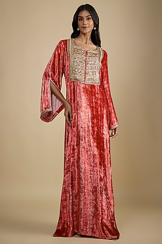 Red Velvet Digital Printed Kaftan Dress by Nadima Saqib