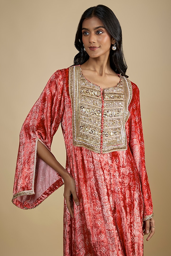 Red Velvet Digital Printed Kaftan Vacation Dress by Nadima Saqib at Pernia's Pop Up Shop