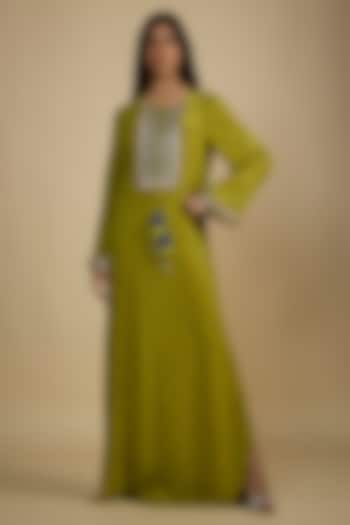 Green Crepe Digital Printed Kaftan Vacation Dress by Nadima Saqib at Pernia's Pop Up Shop