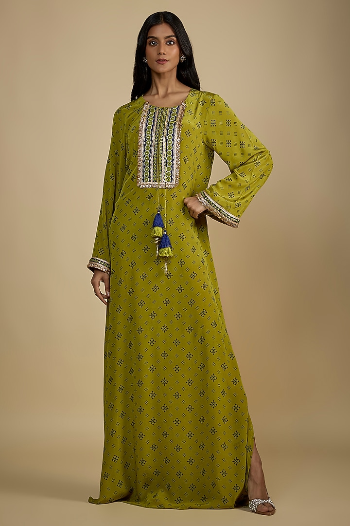 Green Crepe Digital Printed Kaftan Vacation Dress by Nadima Saqib at Pernia's Pop Up Shop