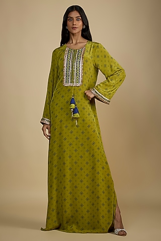 Green Crepe Digital Printed Kaftan Dress by Nadima Saqib
