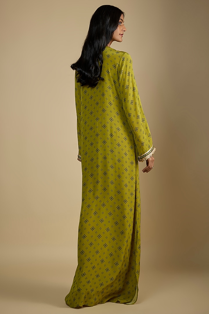 Green Crepe Digital Printed Kaftan Vacation Dress by Nadima Saqib at Pernia's Pop Up Shop