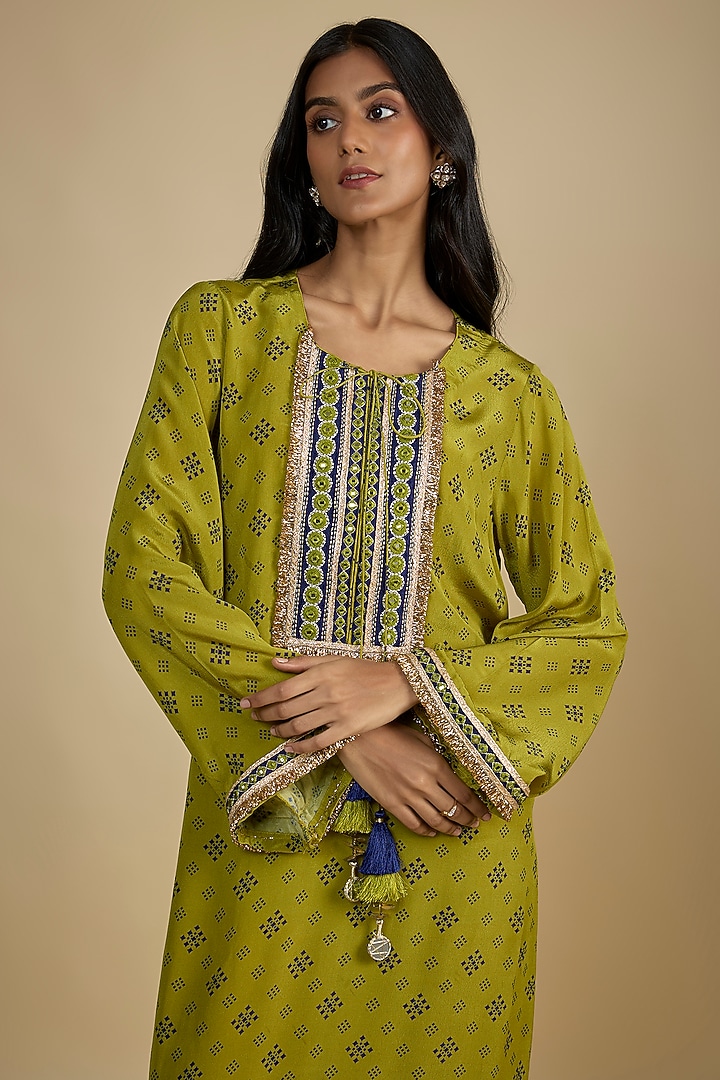 Green Crepe Digital Printed Kaftan Vacation Dress by Nadima Saqib at Pernia's Pop Up Shop