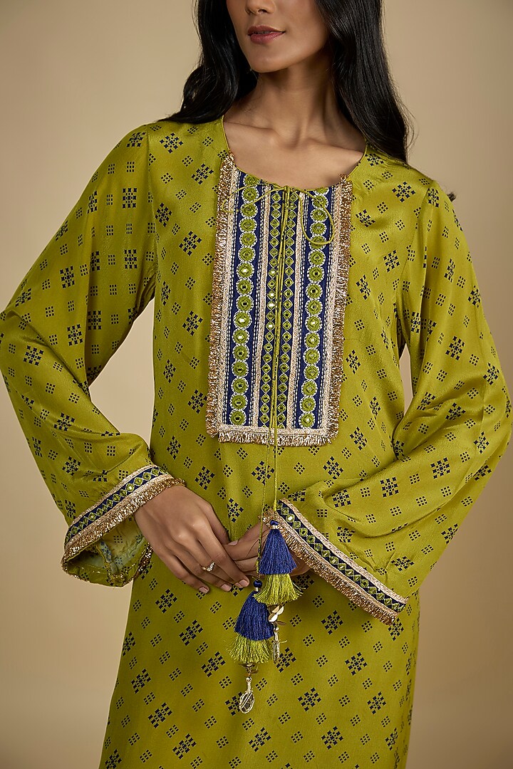 Green Crepe Digital Printed Kaftan Vacation Dress by Nadima Saqib at Pernia's Pop Up Shop