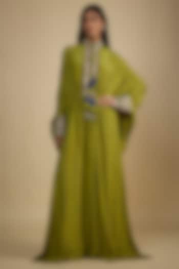 Green Crepe Digital Printed Kaftan Vacation Dress by Nadima Saqib at Pernia's Pop Up Shop