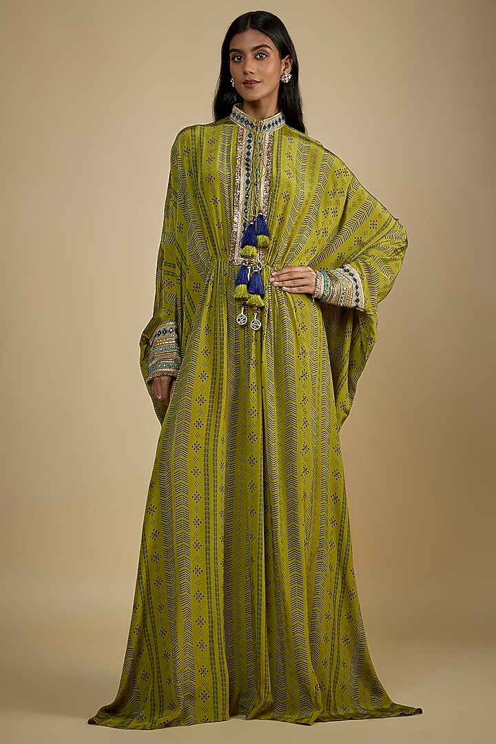 Green Crepe Digital Printed Kaftan Vacation Dress by Nadima Saqib at Pernia's Pop Up Shop