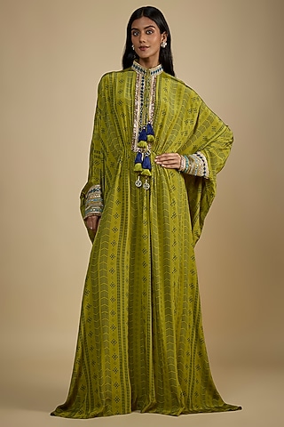 Green Crepe Digital Printed Kaftan Dress by Nadima Saqib