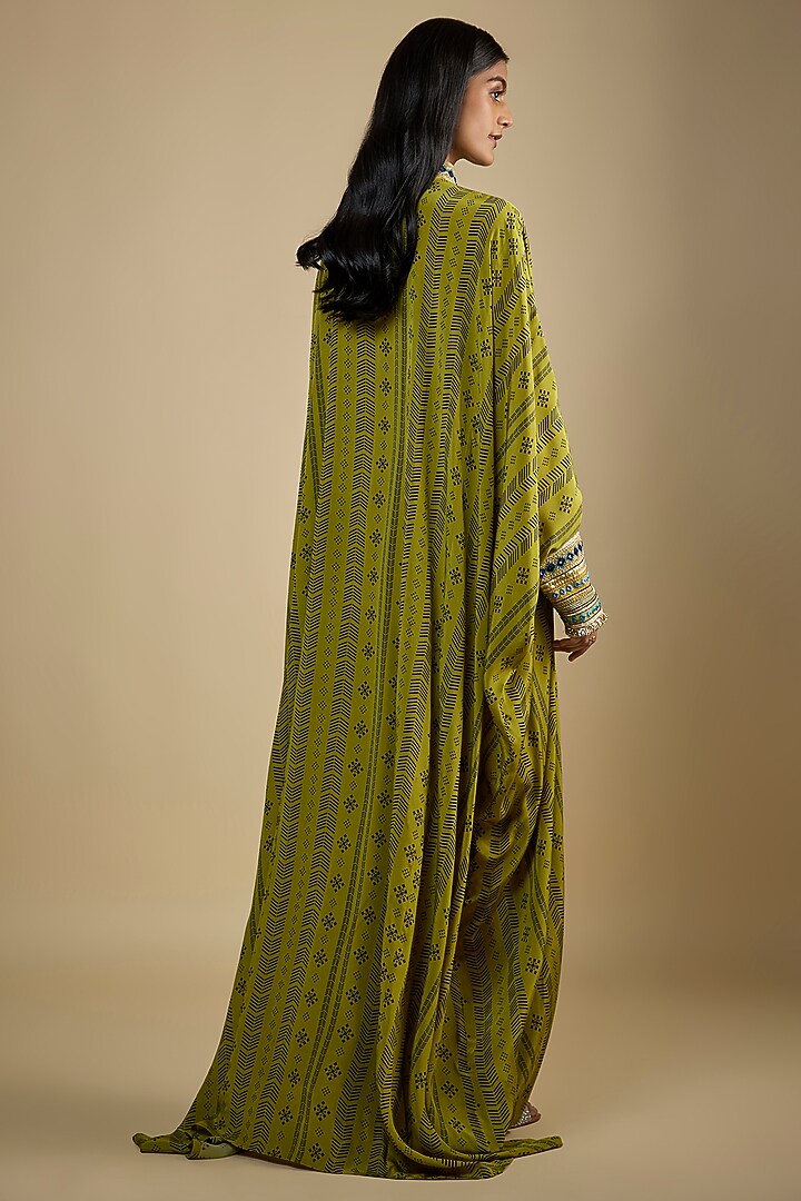 Green Crepe Digital Printed Kaftan Vacation Dress by Nadima Saqib at Pernia's Pop Up Shop