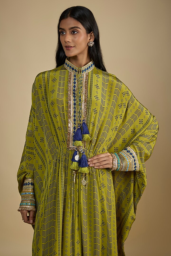 Green Crepe Digital Printed Kaftan Vacation Dress by Nadima Saqib at Pernia's Pop Up Shop