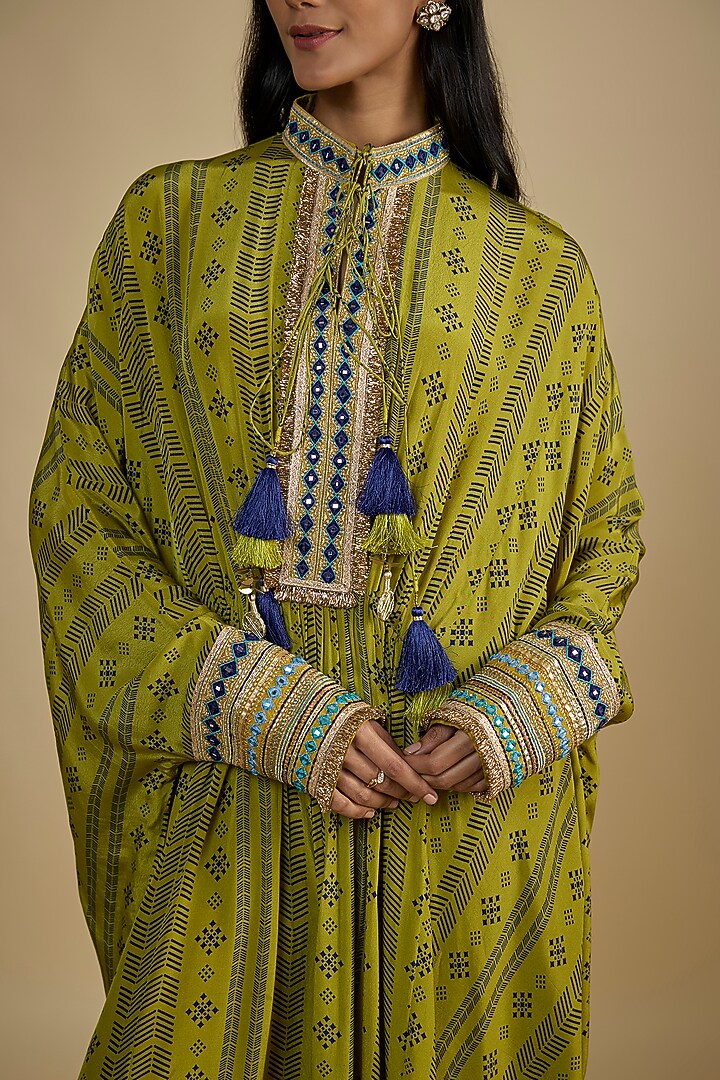 Green Crepe Digital Printed Kaftan Vacation Dress by Nadima Saqib at Pernia's Pop Up Shop