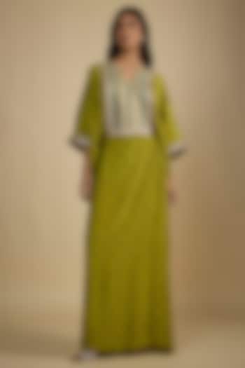 Green Crepe Digital Printed Kaftan Vacation Dress by Nadima Saqib at Pernia's Pop Up Shop