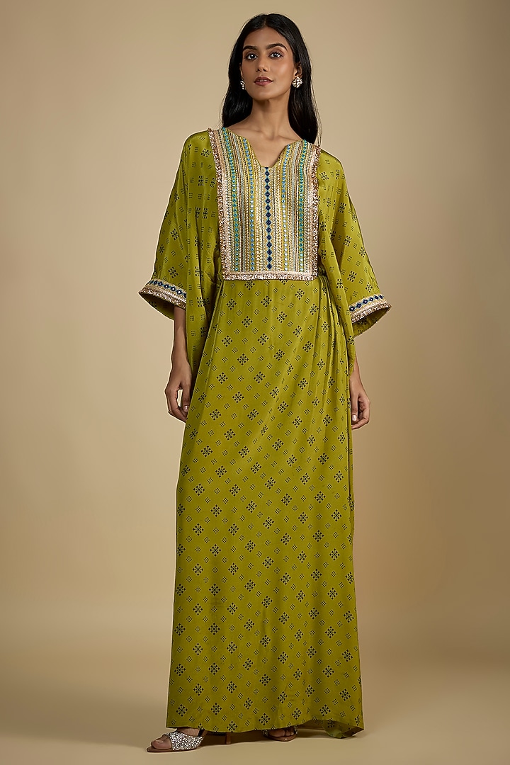 Green Crepe Digital Printed Kaftan Vacation Dress by Nadima Saqib at Pernia's Pop Up Shop