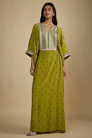 Green Crepe Digital Printed Kaftan Dress by Nadima Saqib