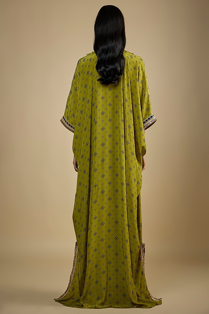 Green Crepe Digital Printed Kaftan Vacation Dress by Nadima Saqib at Pernia's Pop Up Shop