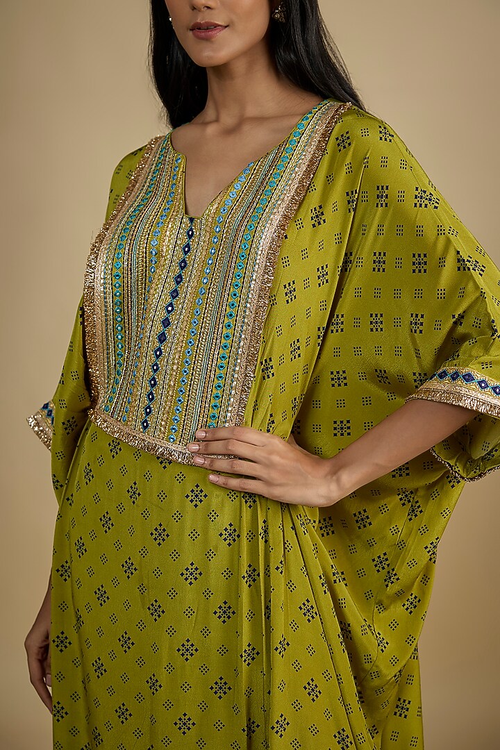 Green Crepe Digital Printed Kaftan Vacation Dress by Nadima Saqib at Pernia's Pop Up Shop